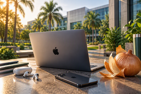 An Apple MacBook, iPhone, and AirPods sitting on an outdoor table on a palm-lined campus, next to a whole yellow onion.