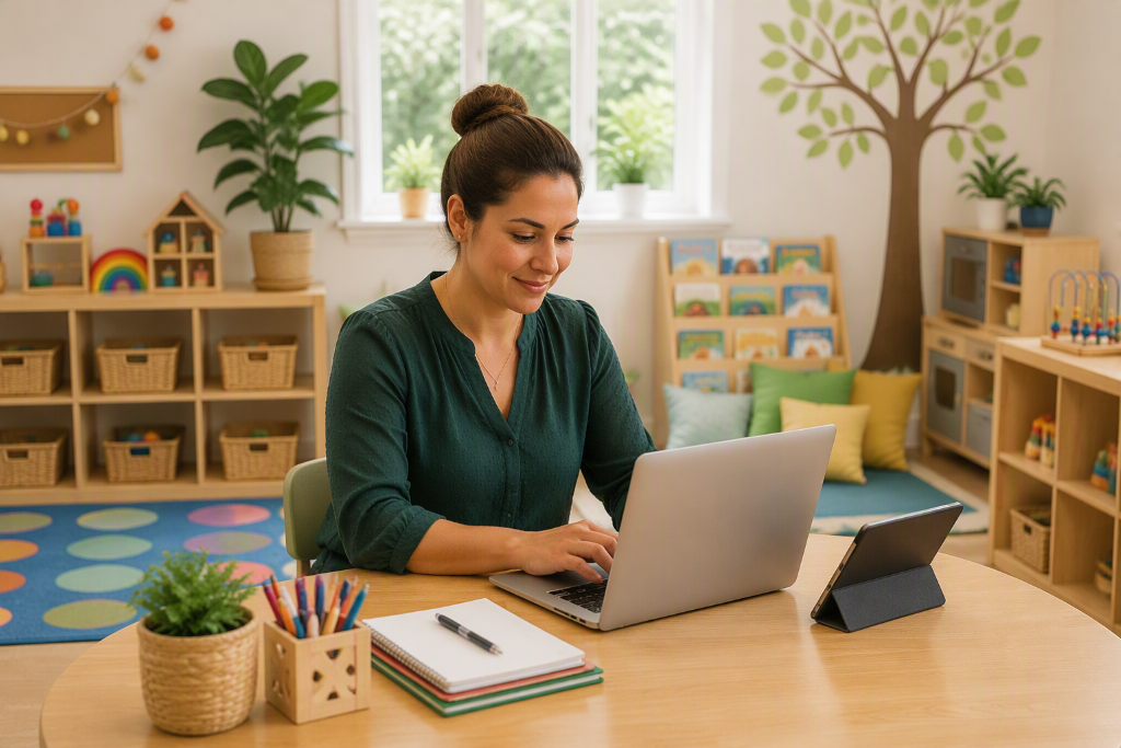 A preschool teacher working on a laptop at a child-sized table in a classroom setting.