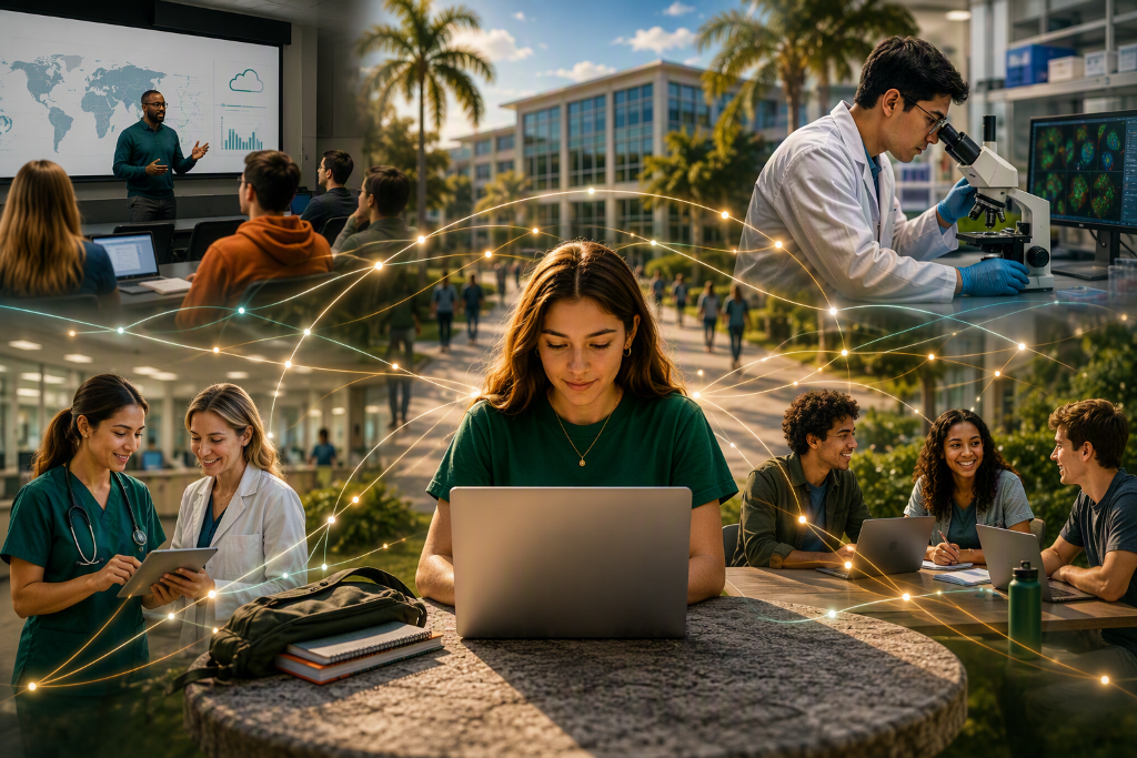 Photo collage overlaid with glowing digital network lines, illustrating connected learning, research, medical care, and student life across the University of Miami campuses.
