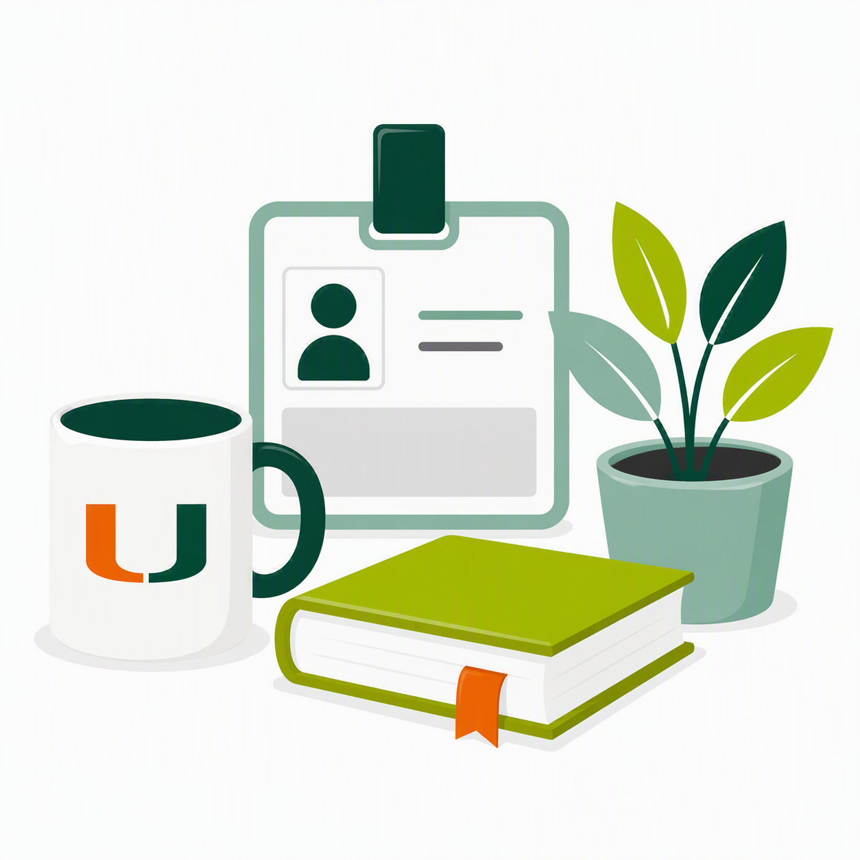 Faculty and Staff icon showing an ID badge, a book, and a University of Miami mug.