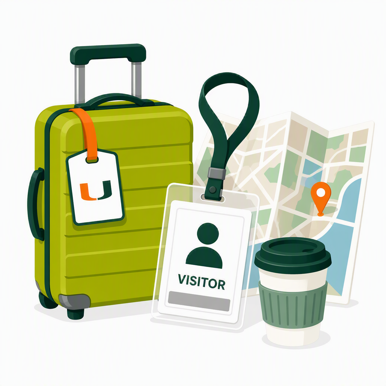Guest icon showing a green suitcase, a guest badge, a coffee cup, and a map.