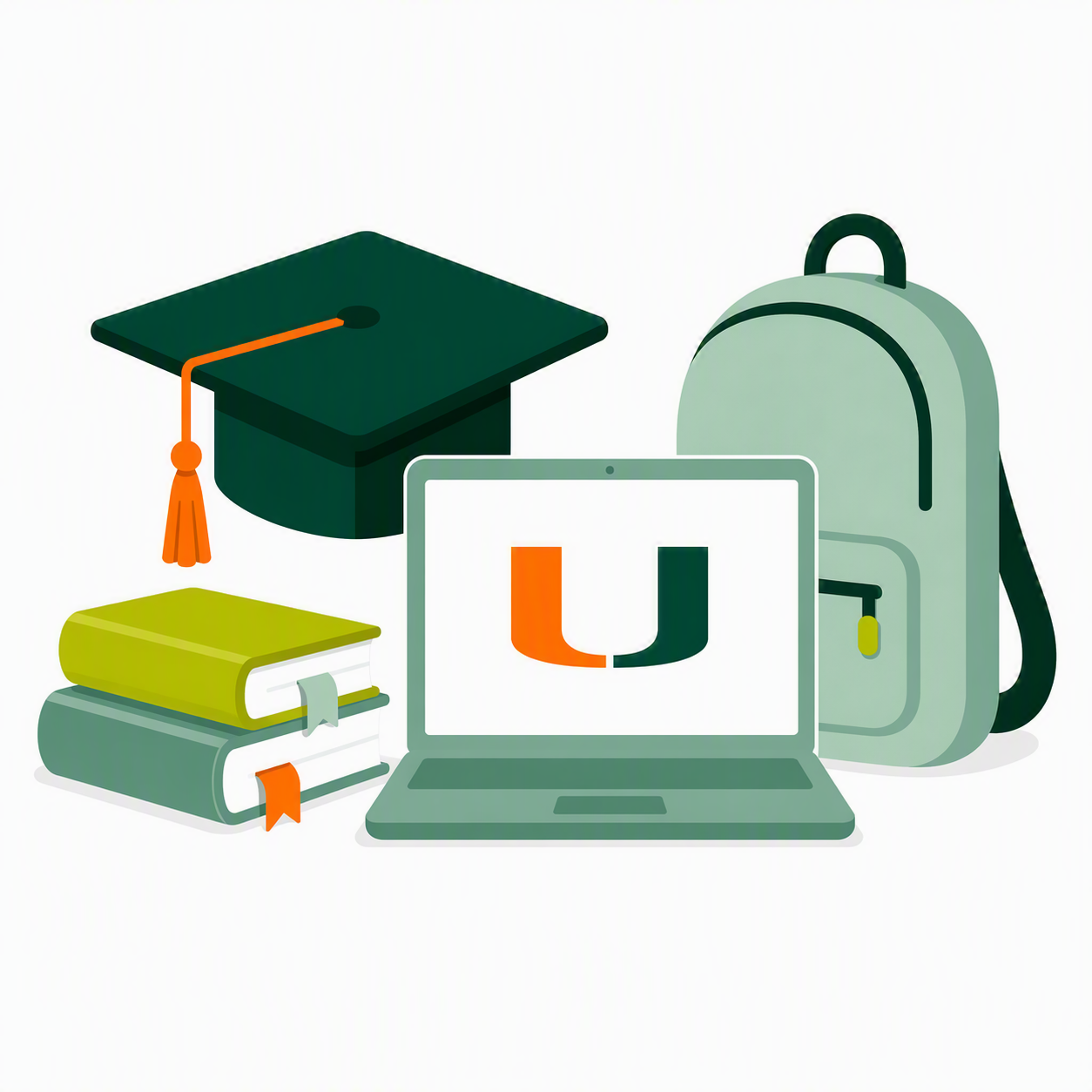 Student icon showing a graduation cap, backpack, books, and a laptop with the University of Miami logo.