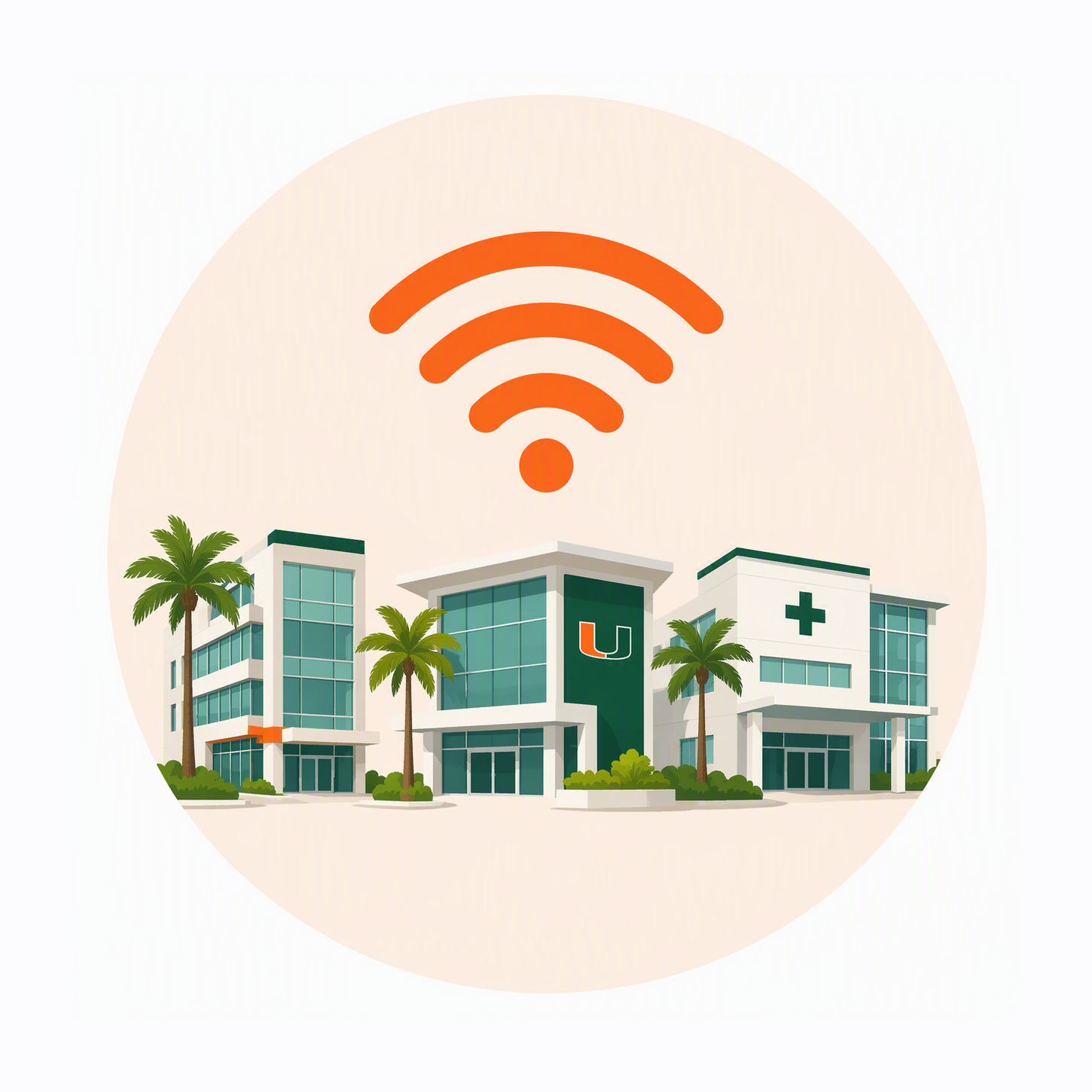 Icon of campus and healthcare buildings beneath a large Wi-Fi signal symbol.