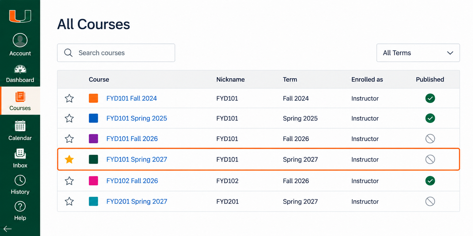 Canvas All Courses page showing the FYD101 Spring 2027 course highlighted, with its star selected to add the course to the Dashboard.