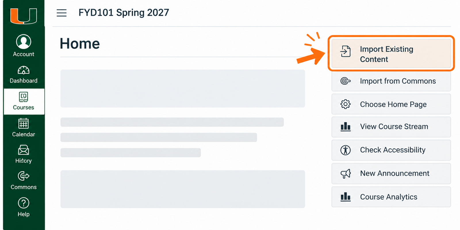 Canvas course Home page with the Import Existing Content button highlighted in the right-hand sidebar.