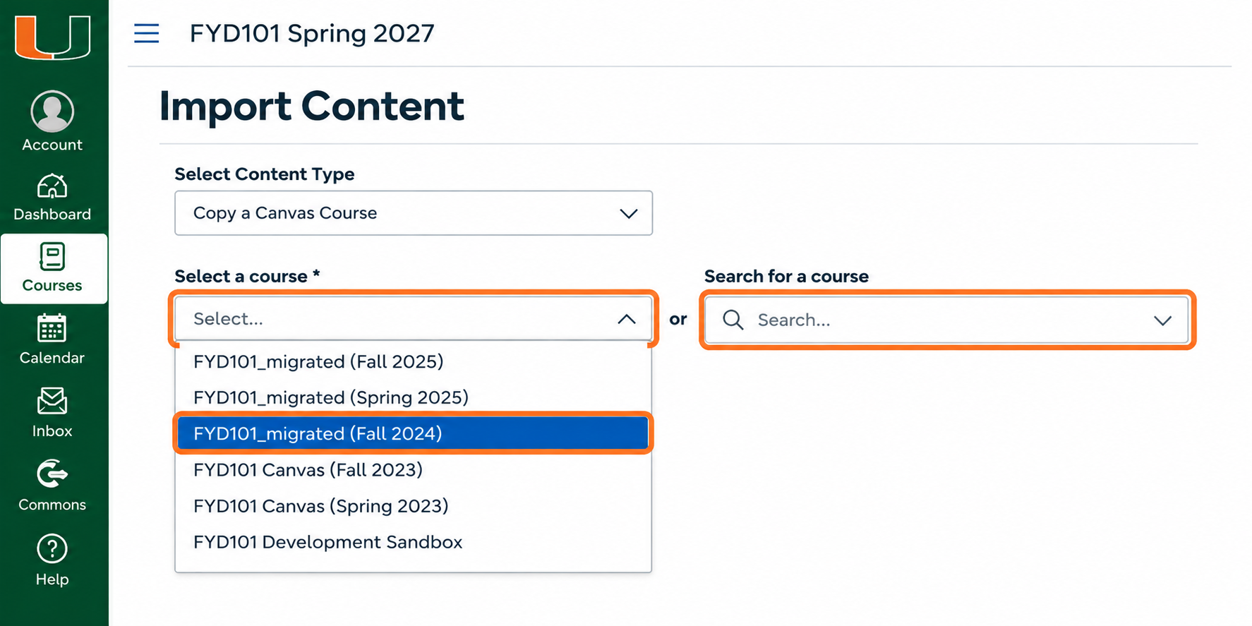 Canvas course selection dropdown showing multiple FYD101 courses, with FYD101_migrated (Fall 2024) highlighted as the source course to copy.