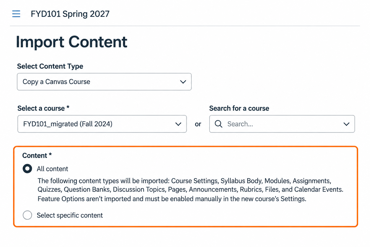Canvas Import Content page showing All content selected, with Select specific content available as an alternative.