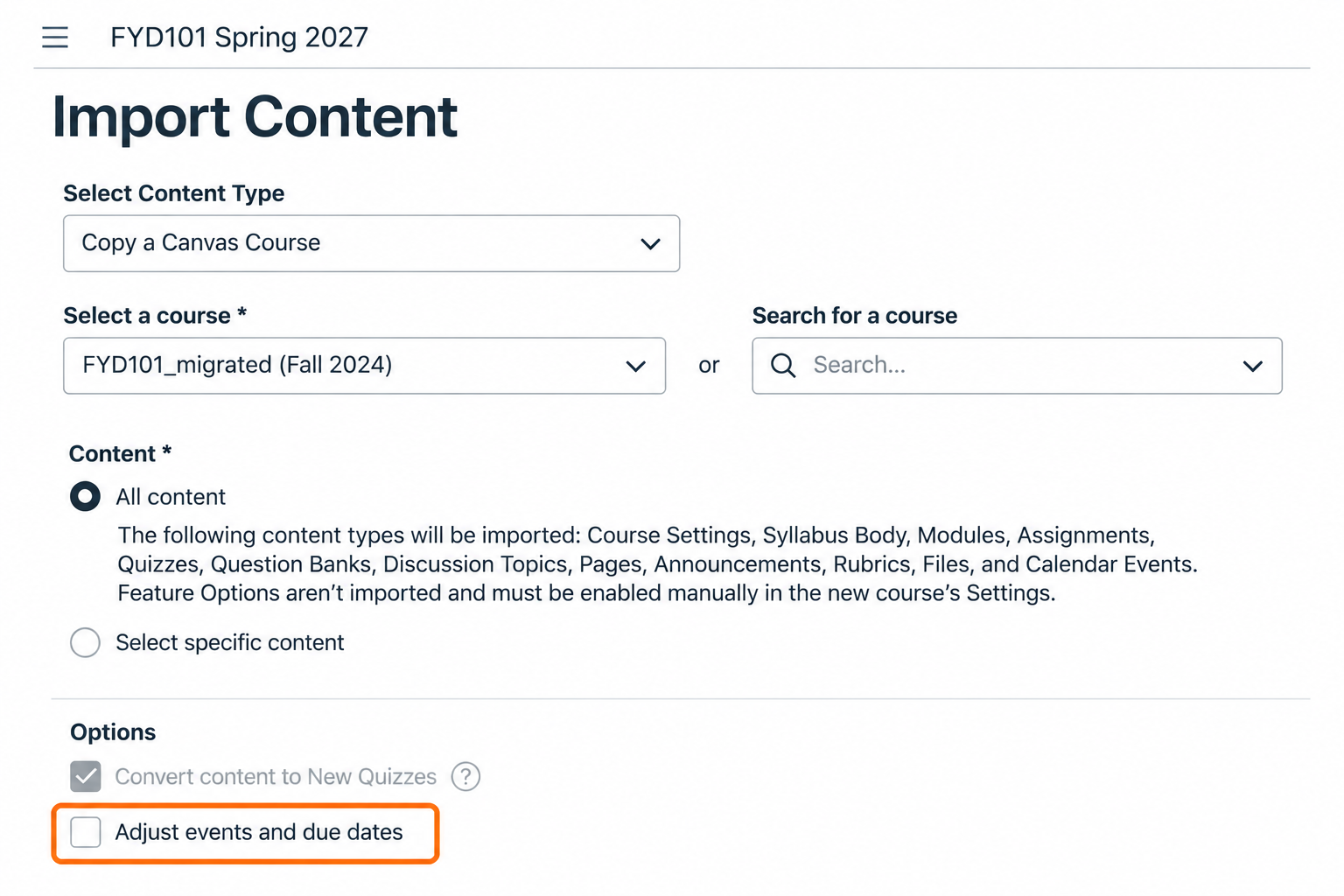 Canvas Import Content page with the Adjust events and due dates checkbox highlighted under Options.