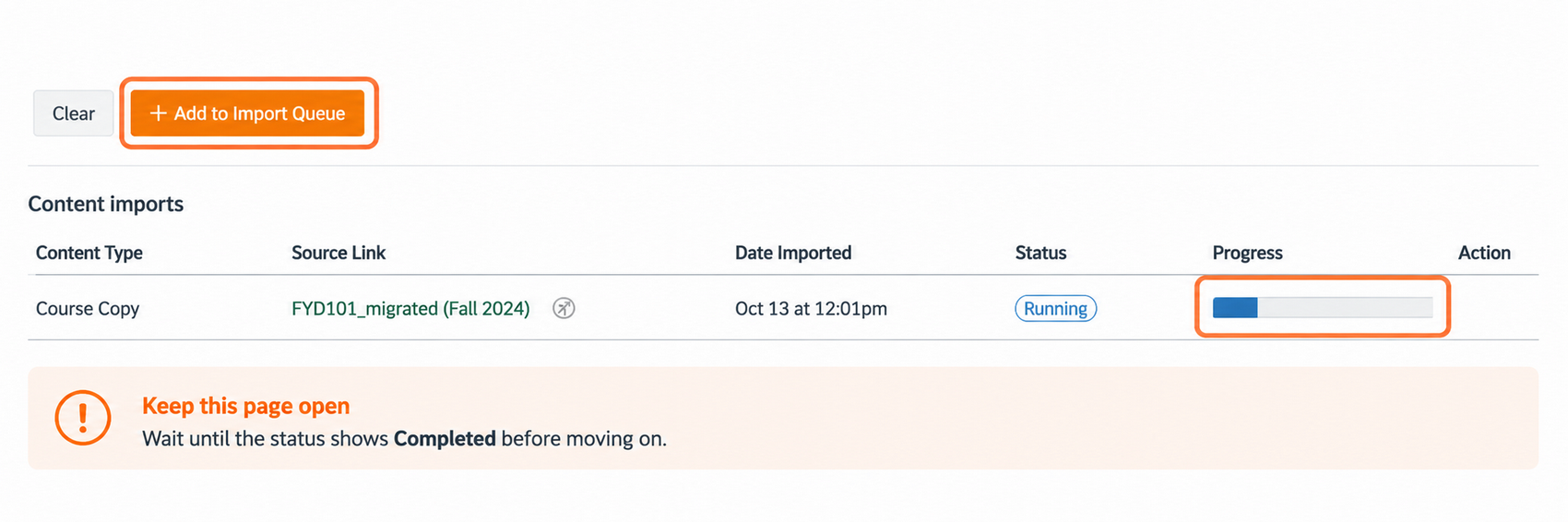 Canvas content import queue showing FYD101_migrated (Fall 2024) with a Running status and partially filled progress bar.