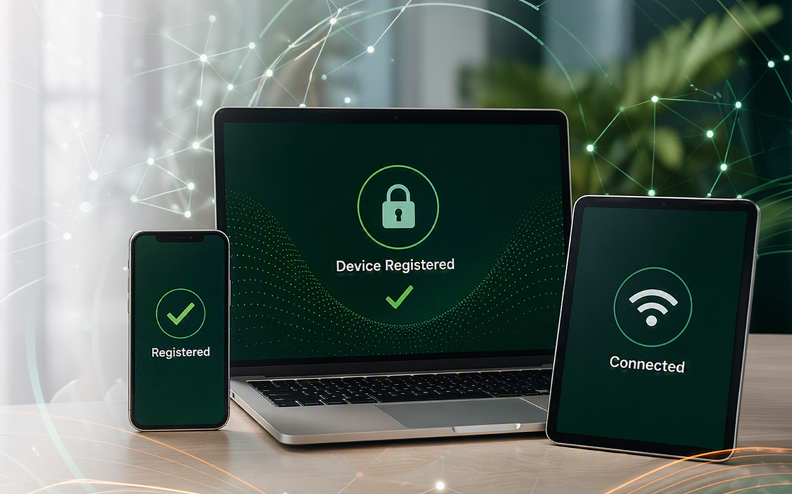 Banner for registering campus network devices. Features illustrations of a connected laptop, phone, and tablet with key benefits including secure access, better connectivity, and trusted devices.