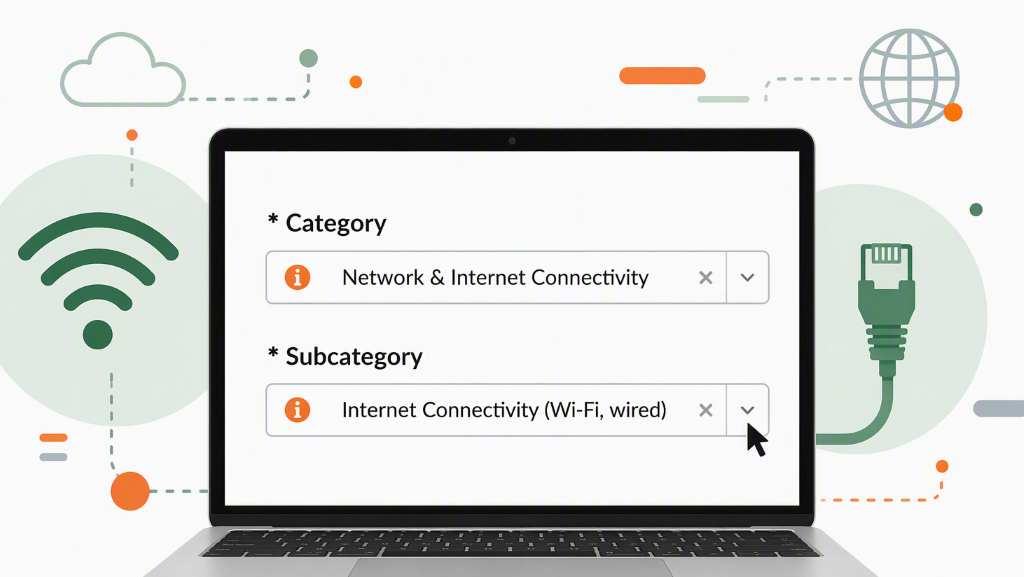 Laptop screen showing online form fields for Network & Internet Connectivity and Internet Connectivity (Wi-Fi, wired).